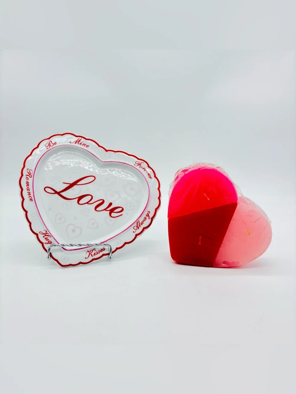 Vtg Romantic Love Heart Ceramic Tray 3 Piece Interlocking Candle Set 3D Coquette
